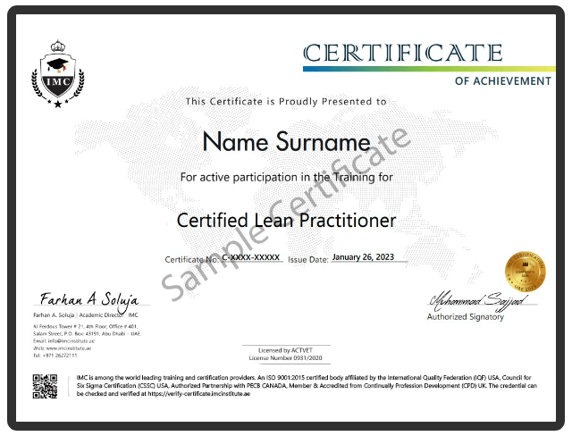 Certified Lean Practitioner Certificate Sample